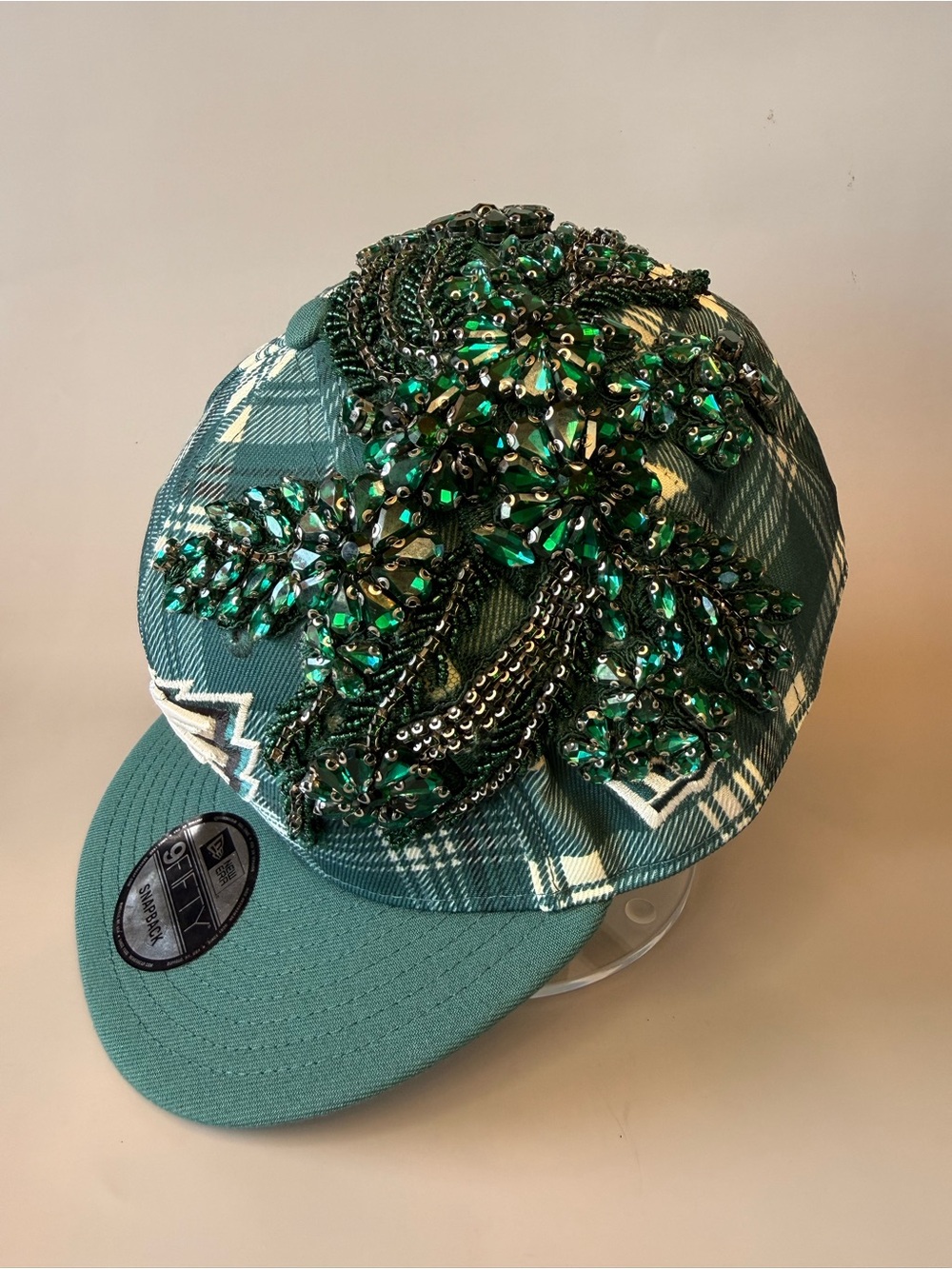 New Era Green Plaid Statement Cap with Emerald Beaded Appliqué